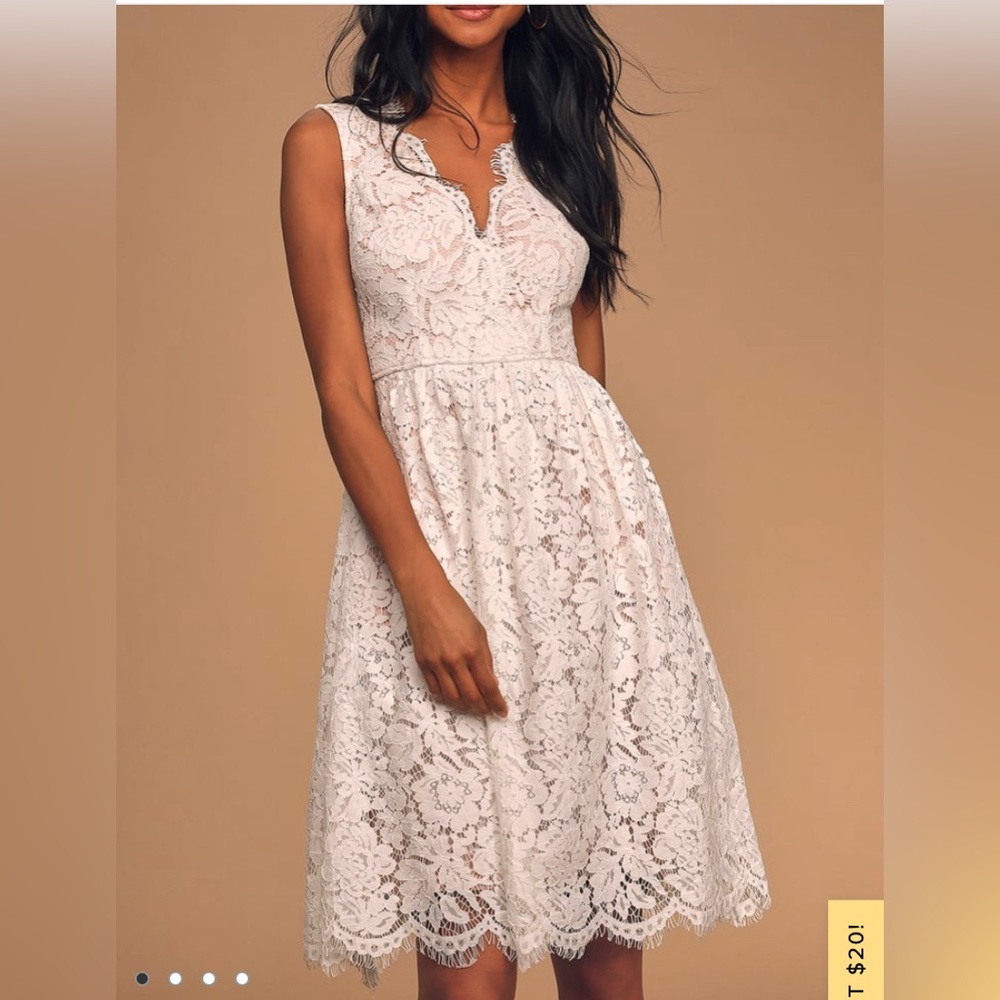 Lulu’s white lace dress with blush underneath medium